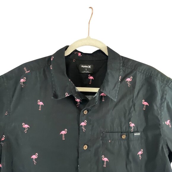 Hurley Black Button-Up Shirt Pink Flamingo Print Short Sleeves Casual Vacation L - Picture 10 of 12